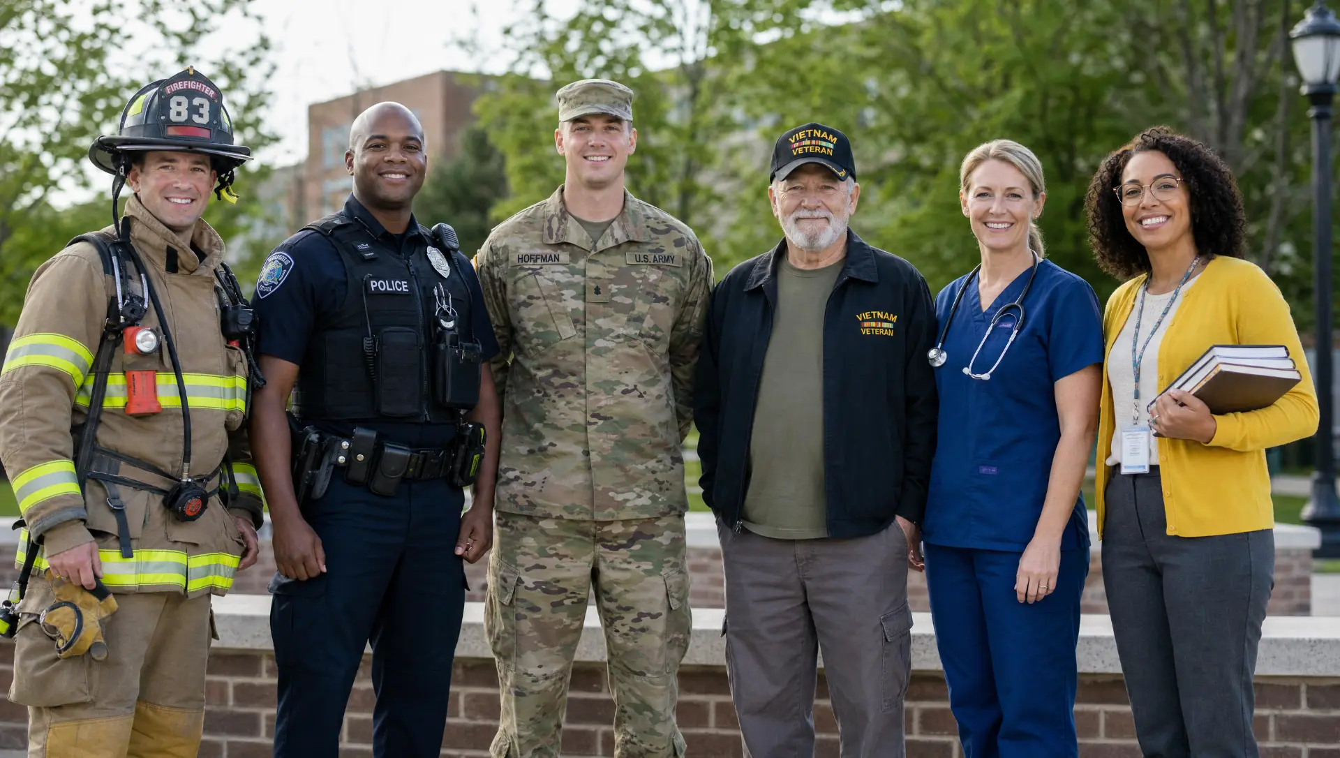 A firefighter, police officer, active-duty soldier, veteran, nurse and teacher standing together